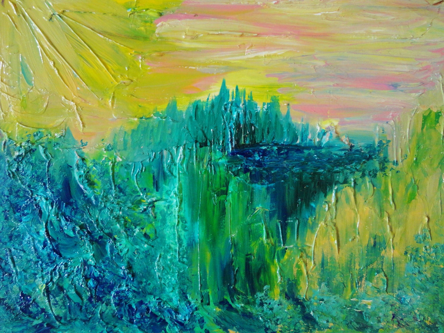 SALE - Dream Abstract Acrylic Painting FREE SHIPPING Impasto Landscape 16 x 20 Green Forest Trees, Nature Pink Yellow Peach Kelly Green Teal