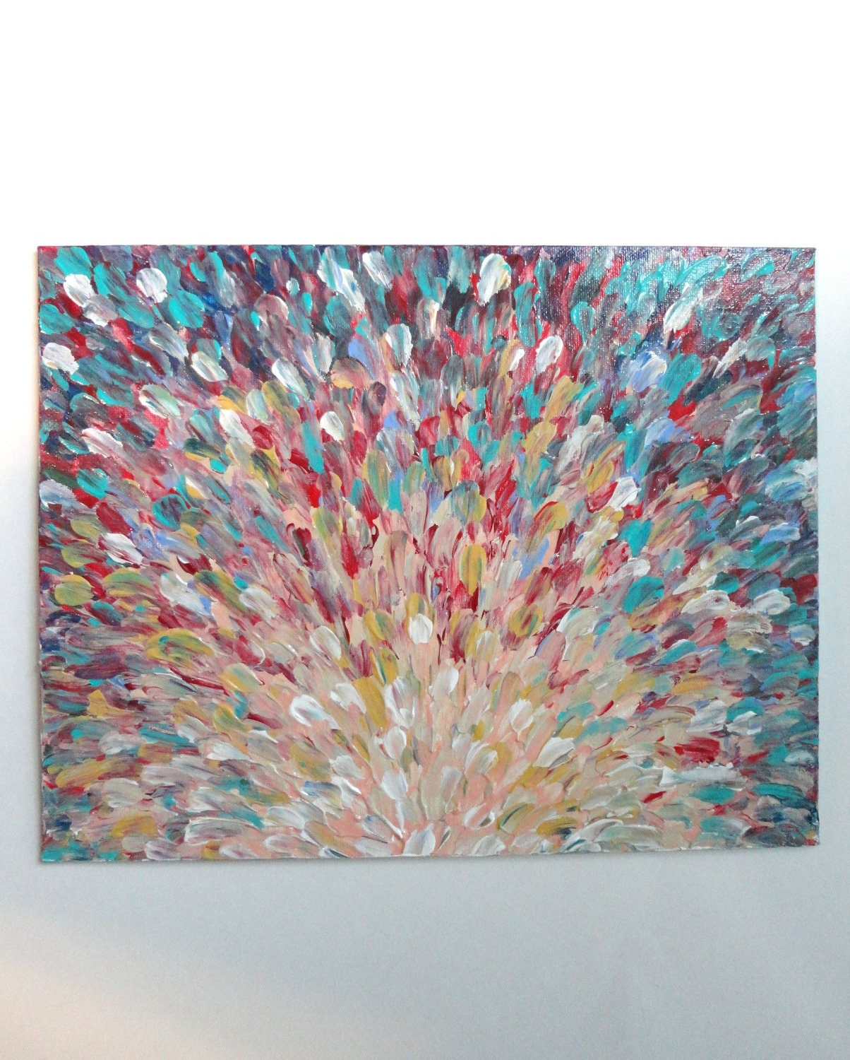 SALE - Original Acrylic Painting, Abstract FREE SHIPPING Bright Splash Waves Nature Pink Peach Turquoise Red 11 x 14 Xmas Gift Under 100