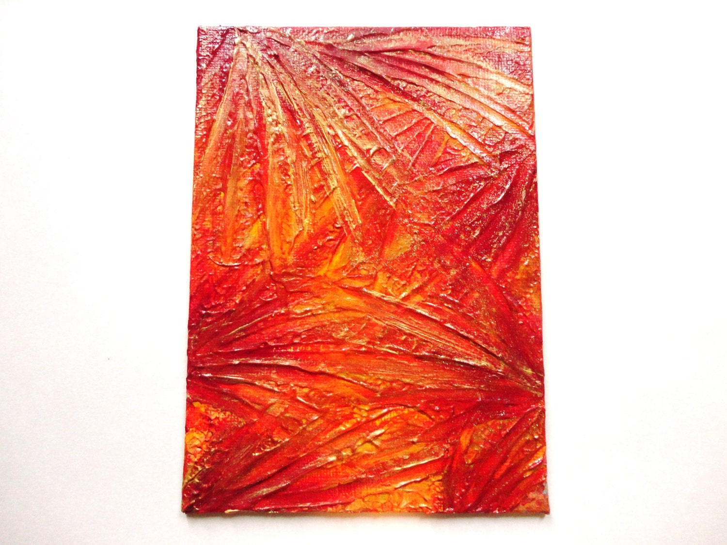 SALE - Original Acrylic Painting Fiery Fireworks FREE SHIPPING 5 x 7 Small Gold Red Orange Yellow Burgundy Bold Beautiful Modern Art