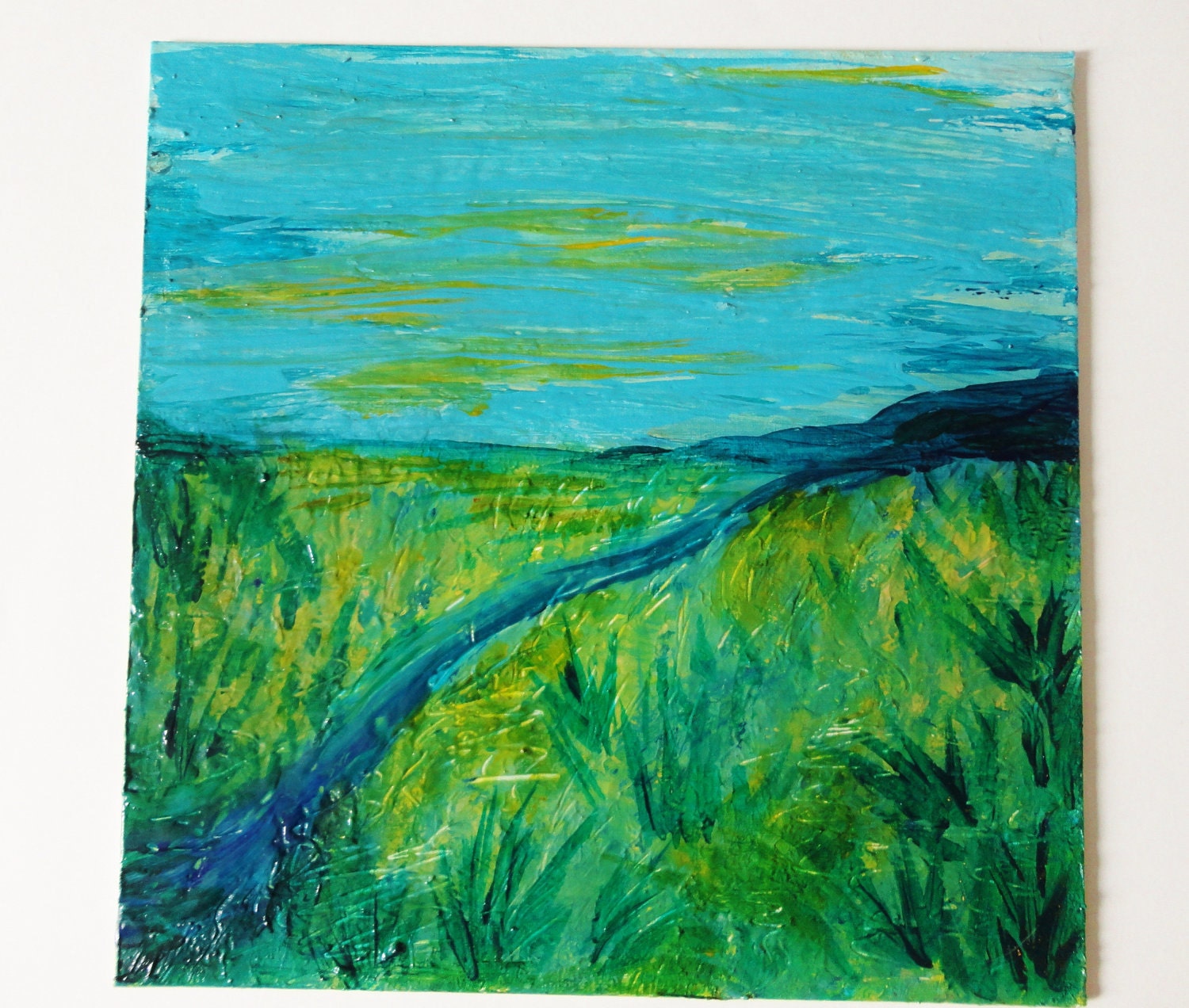 SALE - Beautiful Blue Green Landscape, Abstract Acrylic 12 x 12 FREE SHIPPING Modern Home Decor, Bold Teal Marine Navy Blue, Kelly Green Art