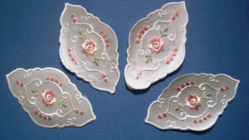 Satin Embroidery Applique, Baby Pink / Ivory x 4, For Heirloom, Reborn, Dolls, Accessories, Home Decor, Victorian Crafts