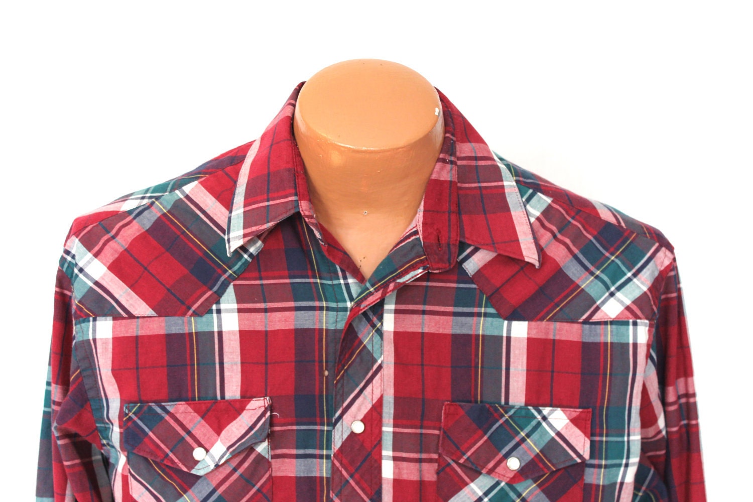 Men's Vintage Western Shirt : Vintage Plaid Pearl Snaps Wrangler - Large
