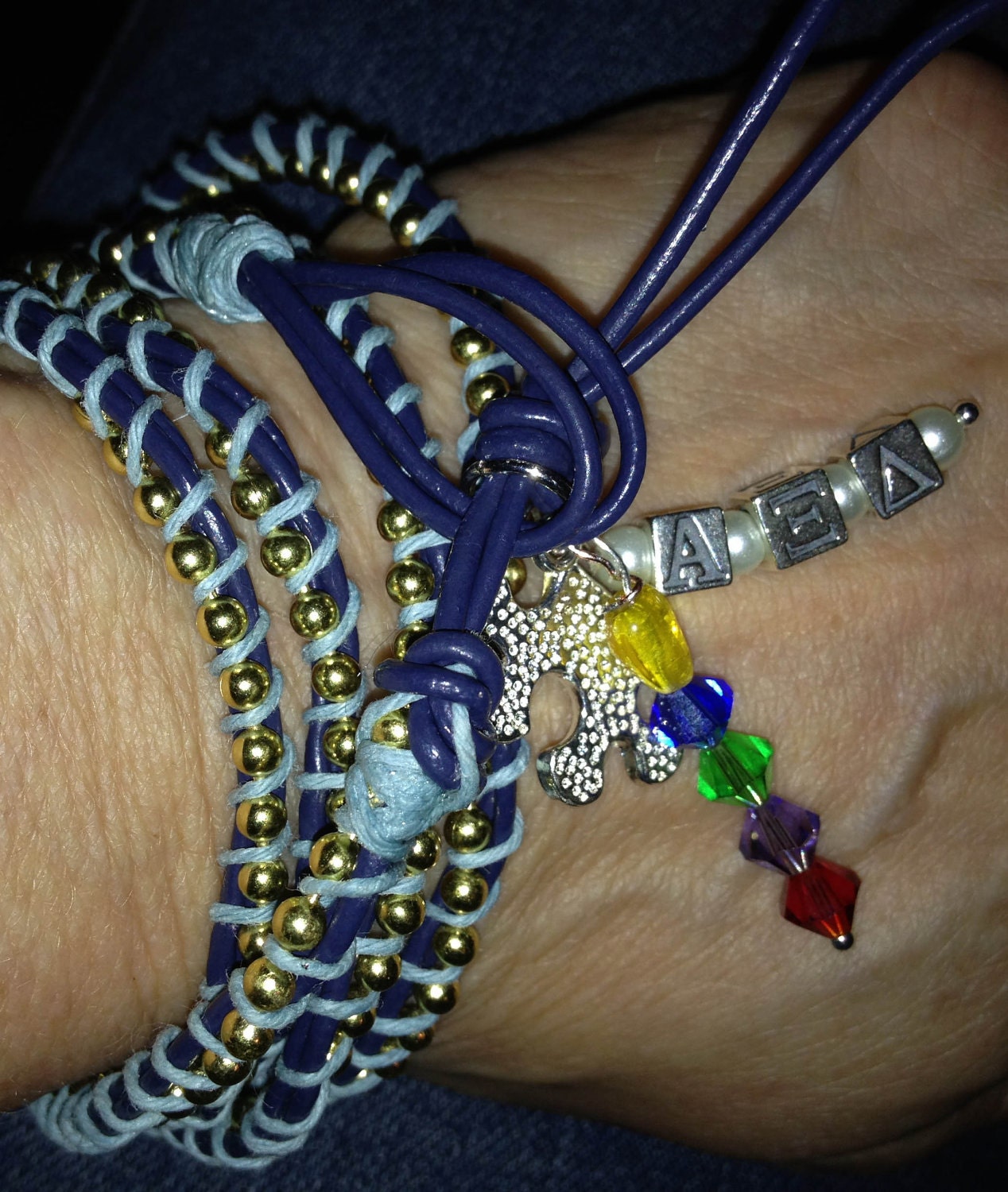 Alpha Xi Delta Wrap Coil Bracelet AZDCharms, Autism Awareness Puzzle Piece Rainbow Beads