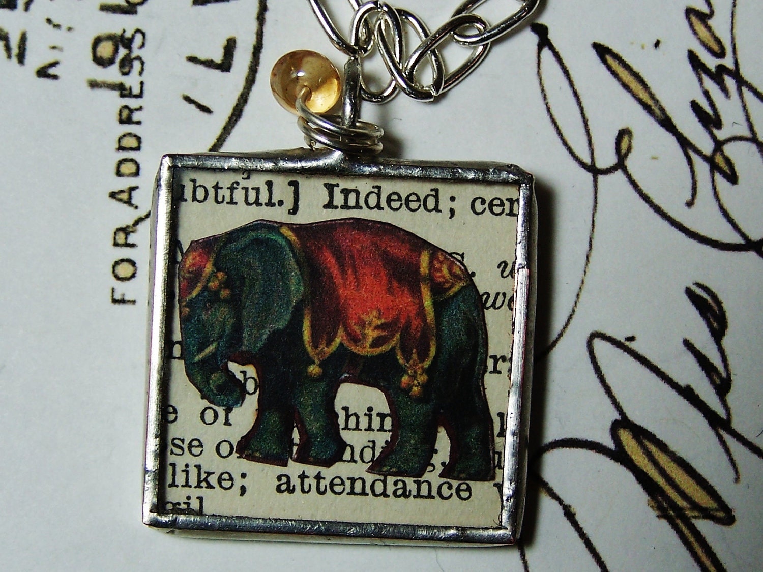 Elephant, Circus, Jewelry,  Circus Elephant, Steampunk, Collage,  Vintage Book Page, Print, Necklace, Animal, Bead, Retro