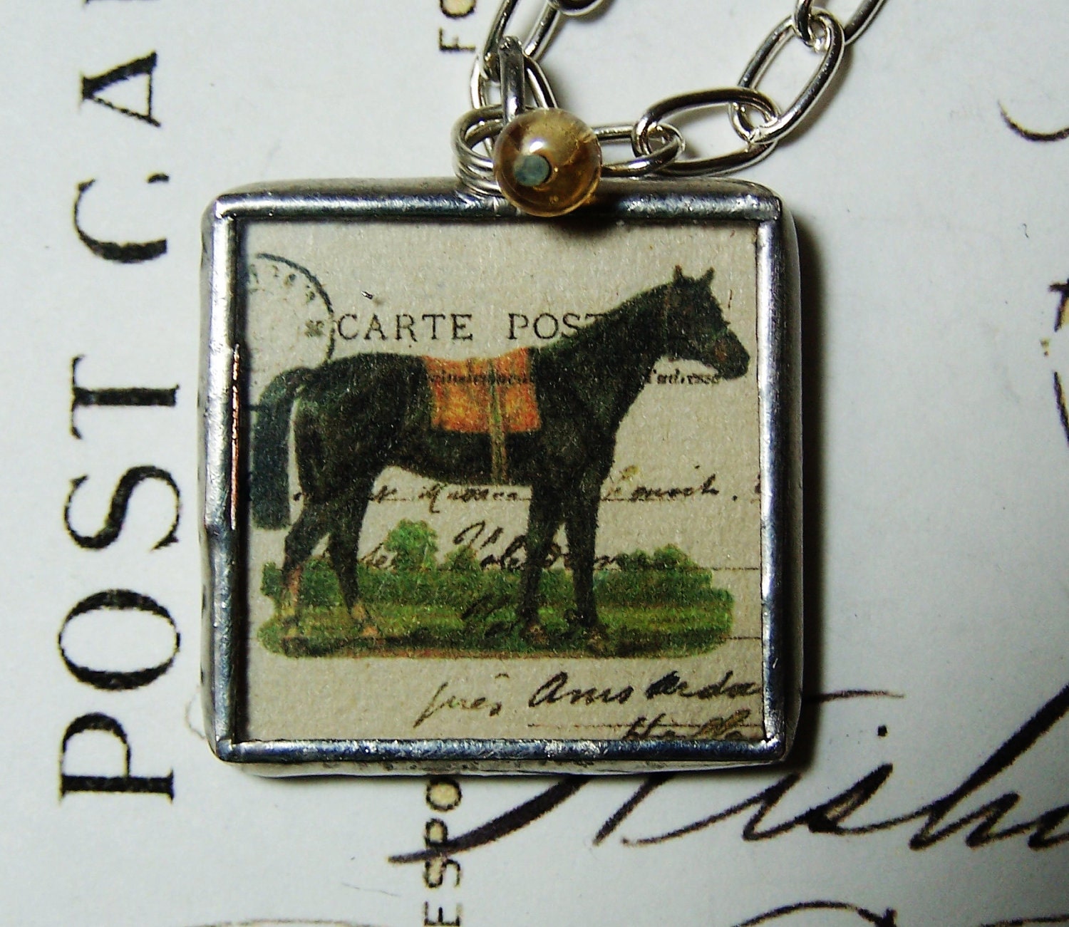 Horse, Jewelry, Soldered Glass Pendant, Cantor On, Pendant, Necklace, Vintage Book Page, Steampunk, Collage