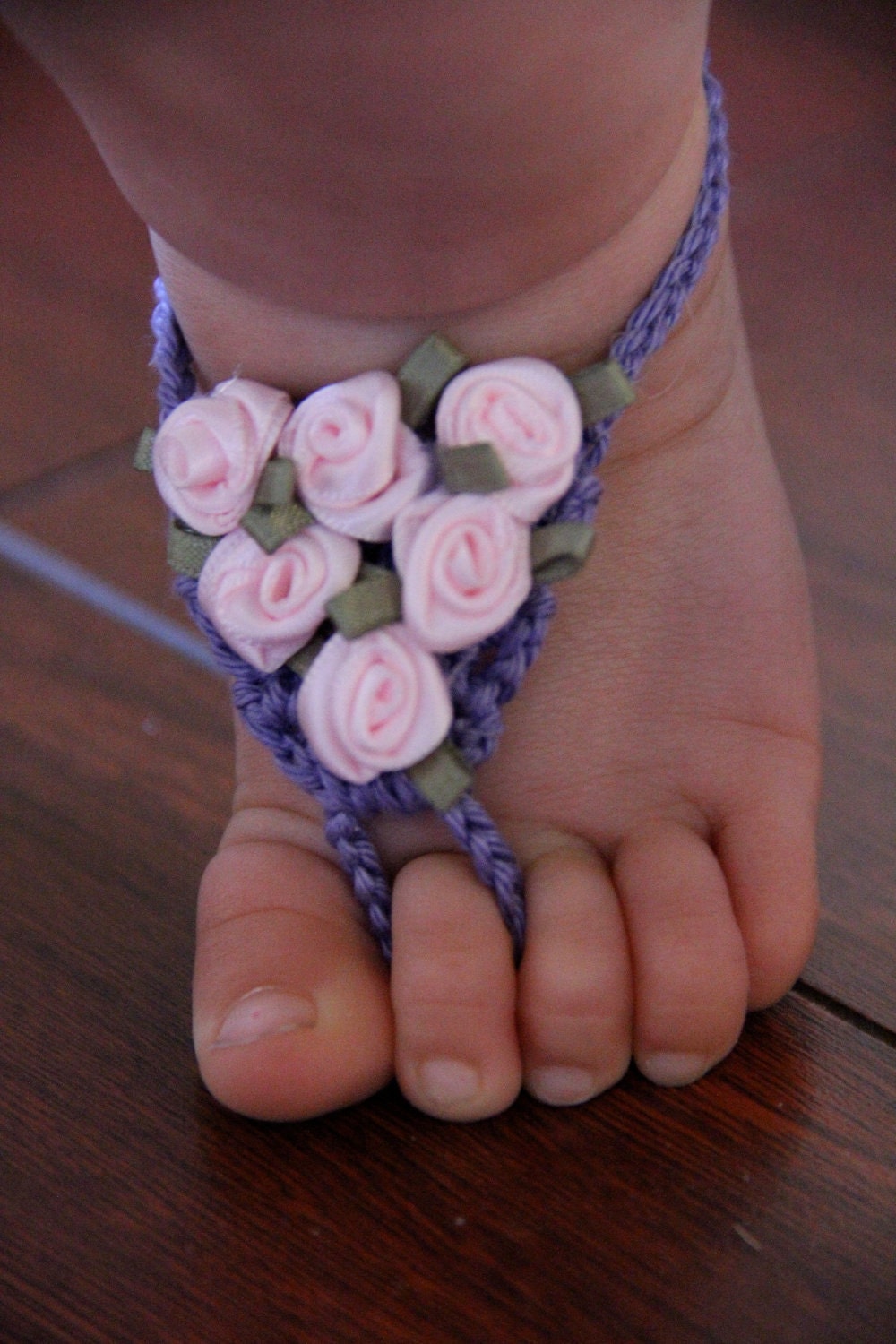 Baby Barefoot Sandals Crochet with Satin Roses Infant Size