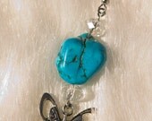 Turquoise Blue Nugget Stones, Glass Crystals & Tibetan Silver Butterfly Charm Dangle Earrings