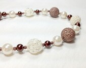 Gorgeous Necklace with Beautiful Beaded Ivory Pearls, Brown Specialty Beads & Glass Pearls, and Ivory Acrylic Rose Beads and Pearls