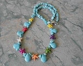 Necklace, starfish, turquoise nuggets and briolettes, silver beads, beach, sea, ocean, summer fun.
