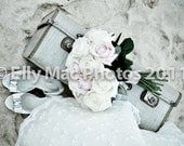 Retro dreamy bon voyage wedding photography vintage suitcase and flowers fine art photographic giclee print