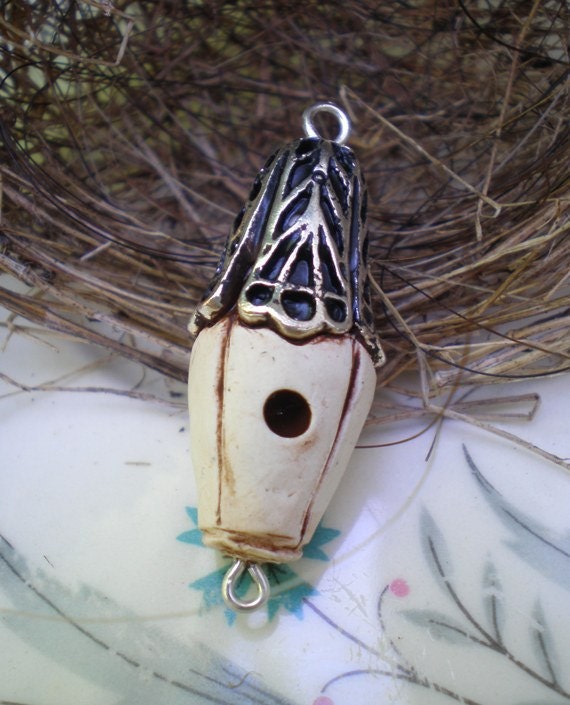 Art Deco birdhouse- polymer clay charm. double German silver wire loops. bead cap roof. Jettabugjewelry