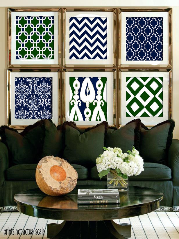 Vintage / Modern inspired Art Prints Collection  -Set of 6 - 8 x 11 Prints - Featured in Navy Green White  (UNFRAMED)