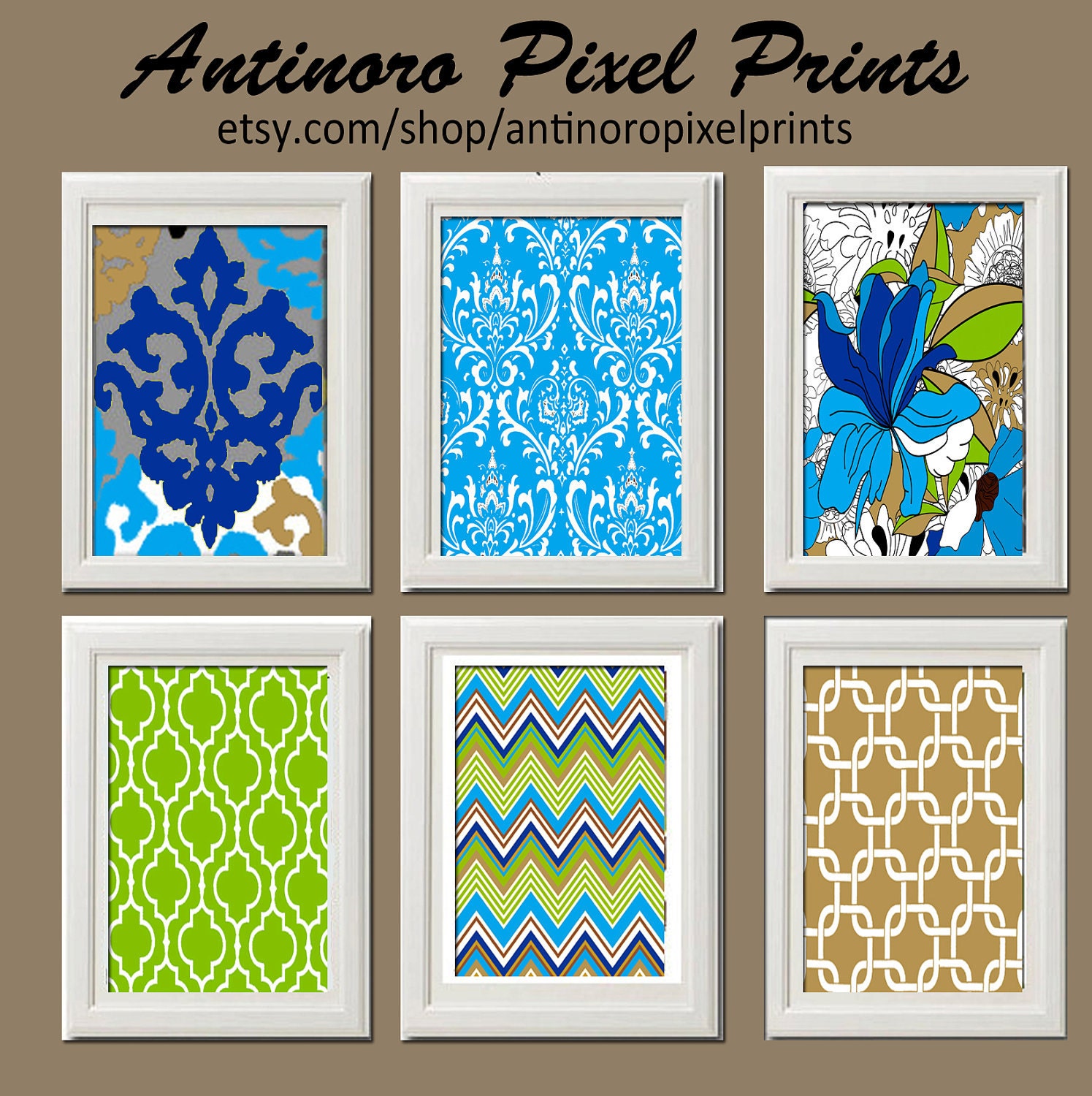 Home Decor Vintage / Modern inspired Art Prints Collection -Set of 6 - 8x11 Prints  -  Turquoise Khaki Chartreuse Blue (UNFRAMED)