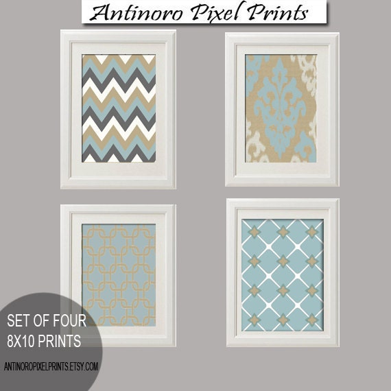 Vintage / Modern inspired Art Prints Collection(series A)  -Set of 4 - 5x7 Prints - Tiffany Grey (UNFRAMED)