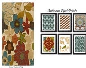 Home Decor Vintage / Modern inspired Art Prints Collection -Set of 6 - 8x11 Prints  - Blue Brown Tan (UNFRAMED)