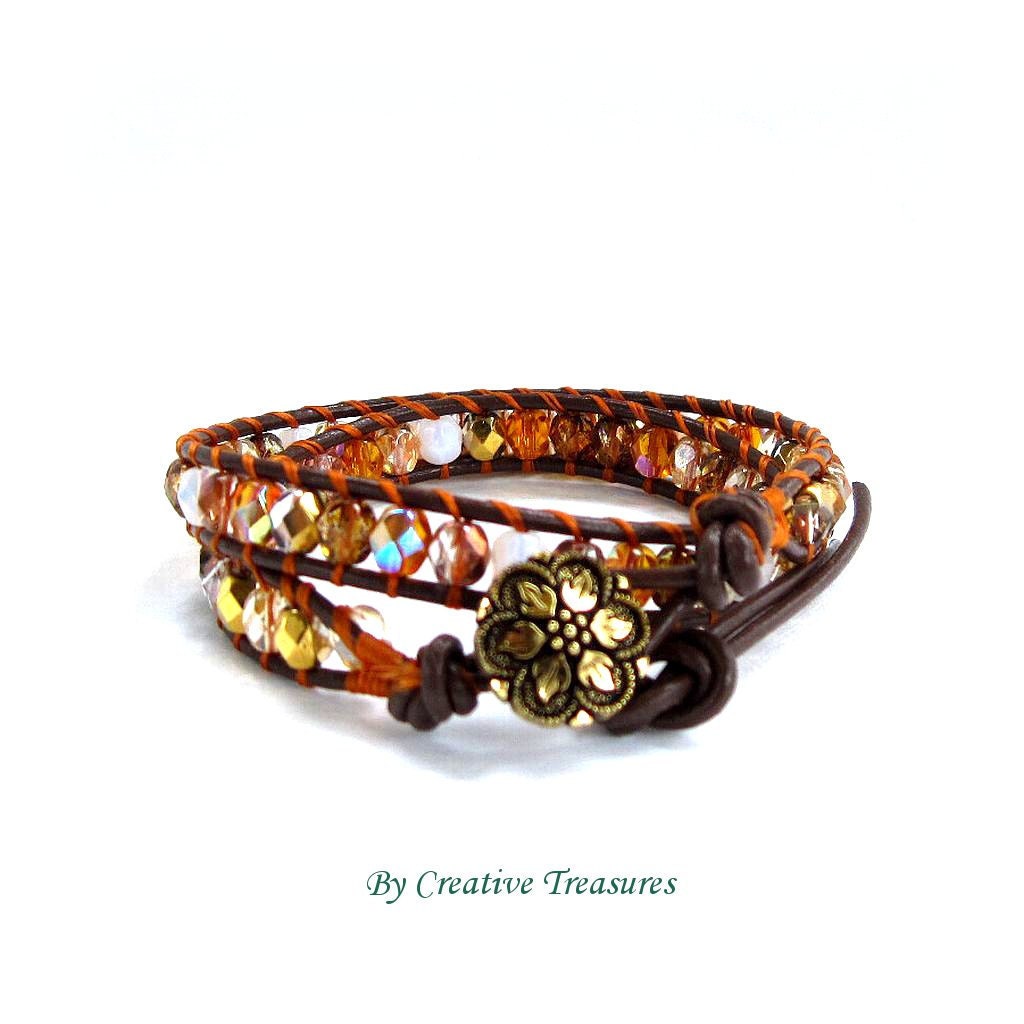 Beaded Leather 2x Wrap Bracelet with Fire Polish Crystals.