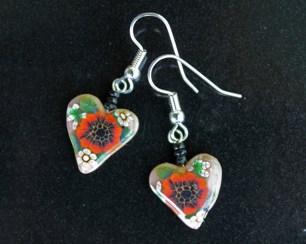 Handmade Polymer Clay Earrings Red Green Floral Heart Dangle