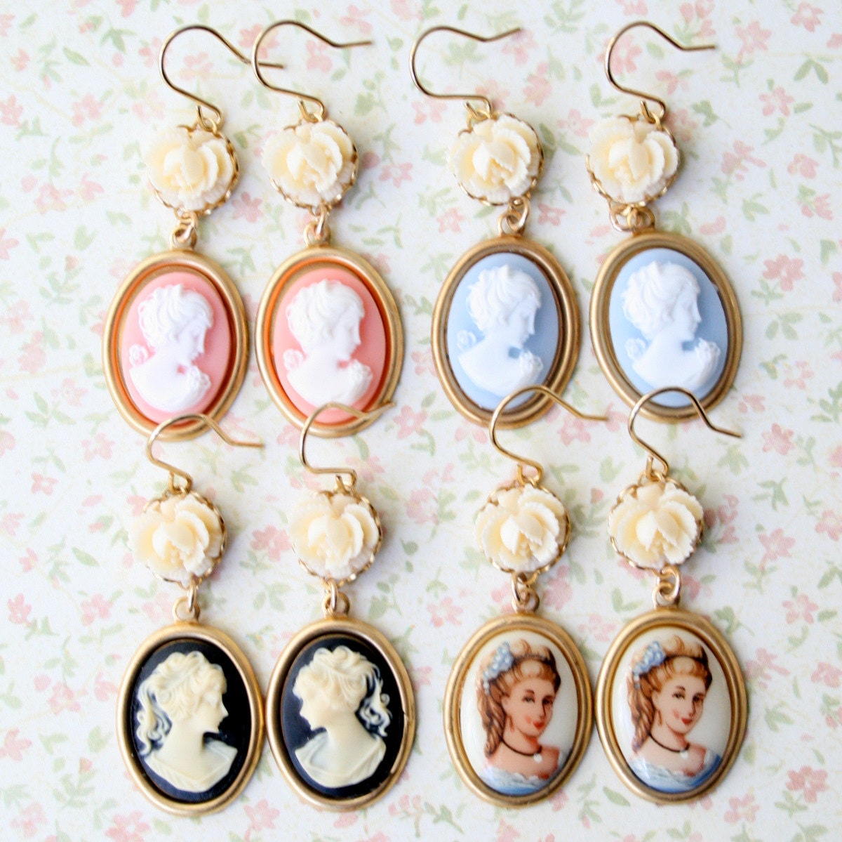 Four Cameo and Rose Dangle Earrings for 80 Dollars