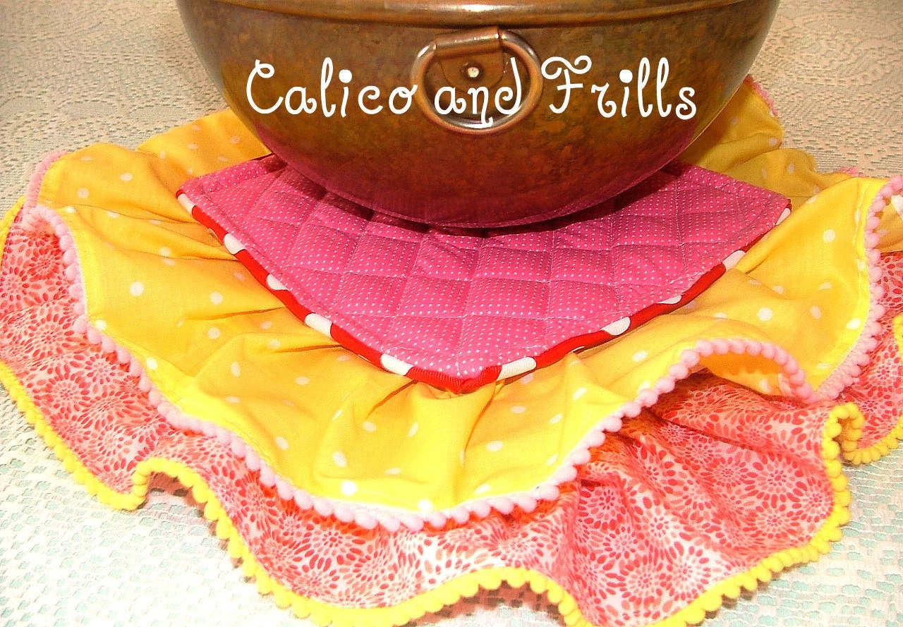 Girly Frill-Pink Red and Yellow Hot Pad/Pot Holder Set of Two