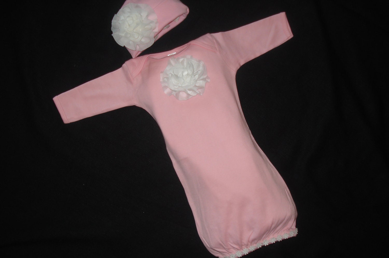Newborn Infant Layette Baby Gown with Off White chiffon Flowers and Small Daisy Trim