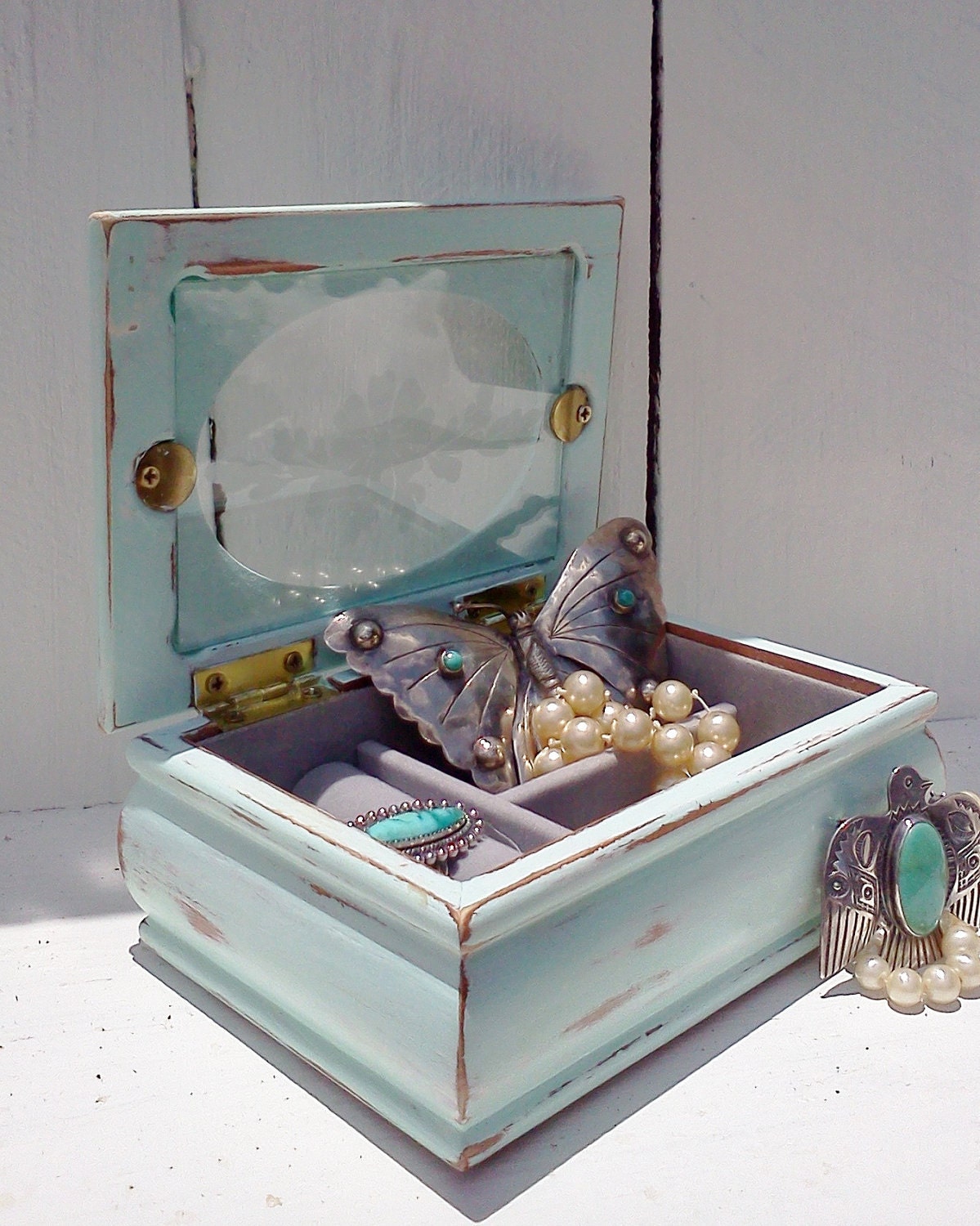 Shabby Chic Jewelry Box Upcycled Cottage Chic Chippy Blue Paint