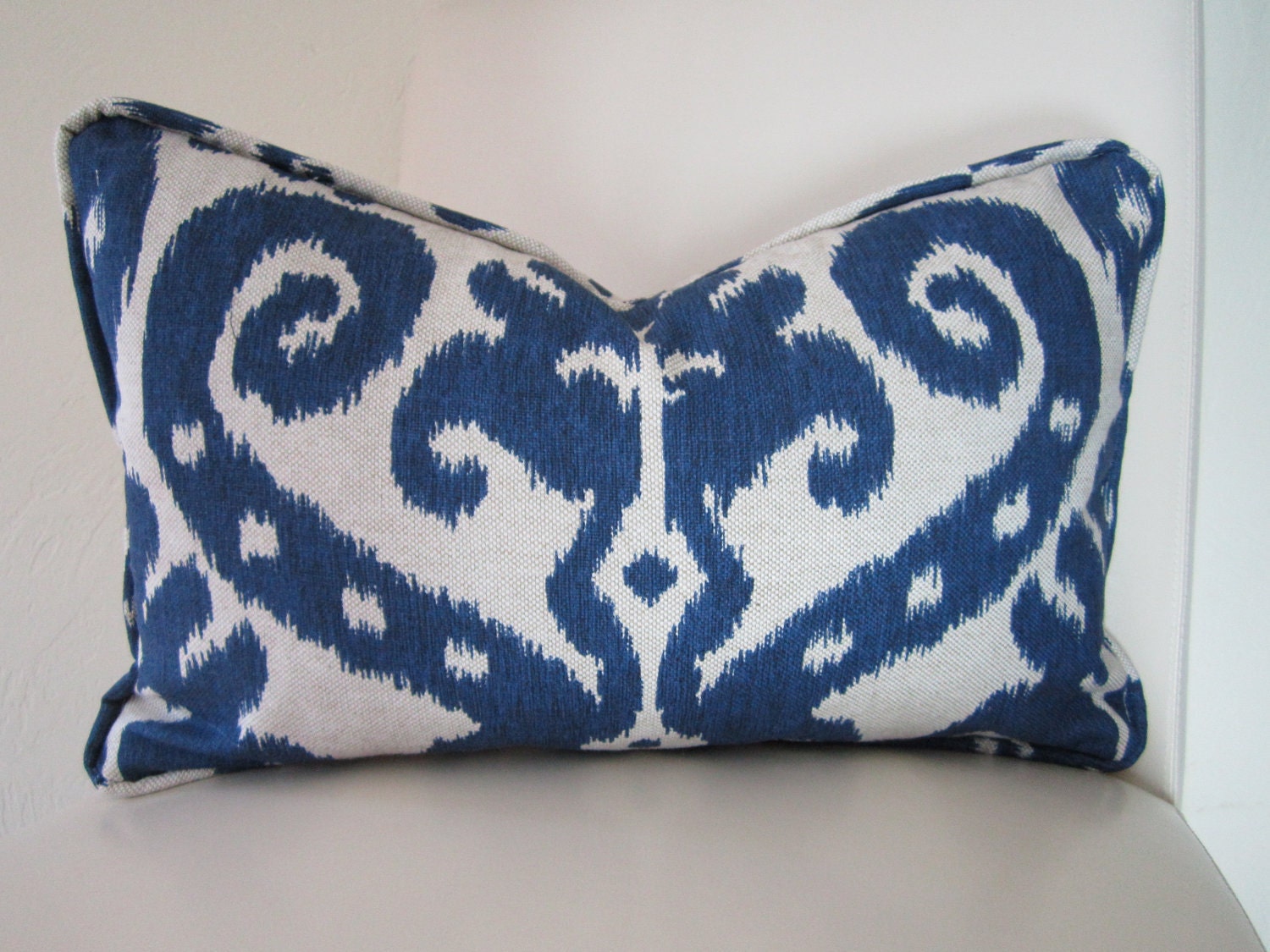 IKAT Lumbar Pillow cover - Designer Fabric - IKAT Marrakesh Batik Indigo - Blue Cream 12" x 20"