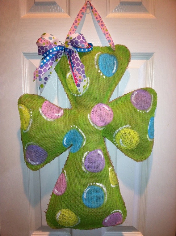 Pretty Polkdot Cross - Burlap Door Hanger
