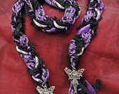 Handfasting cord in black, lilac and purple with woven Moroccan ribbon and tibetan silver fairies