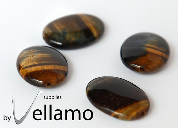 Tigers eye. oval shaped gemstone beads, polished, 30mm x 23mm, 4 pieces