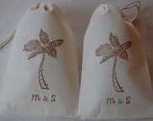 50 Personalized Beach Palm Tree Wedding Favor Bags - Organic Muslin Cotton with Drawstring 4x6 Brown4x6