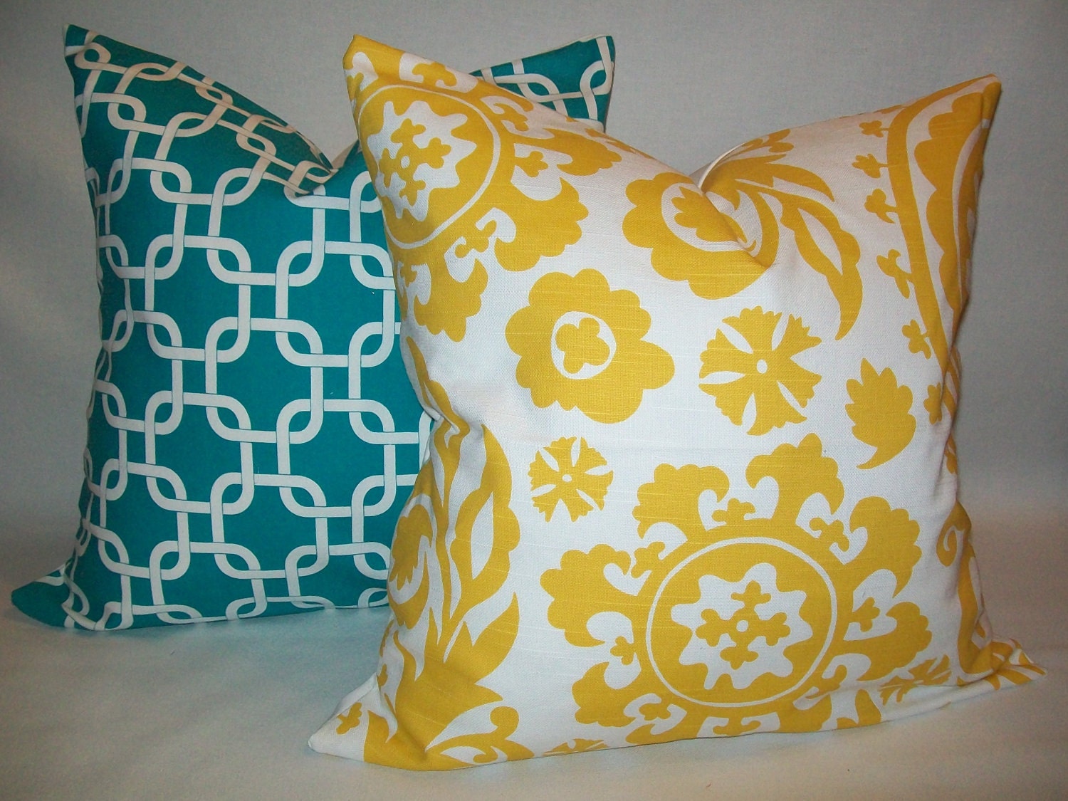 Suzani Yellow and Turquoise Pillow Set of Two .20X20 inch Decorator Pillow Cover.Printed Fabric .Turquoise Blue and Yellow Cushion Cover