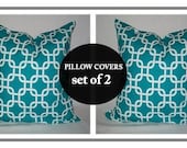 Turquoise Pillow.SET OF TWO.18x18 inch.Pillow Covers.Chain Link Gatework Pattern