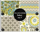 Blue Yellow Gray.Choose Any Combination.THREE 14X14 Pillow Covers.Cushion Covers