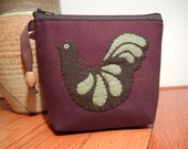 Small Handmade Applique Pouch, Cosmetic Bag, Craft Holder, Gift. Original Block Printed Chicken Pattern Lining.
