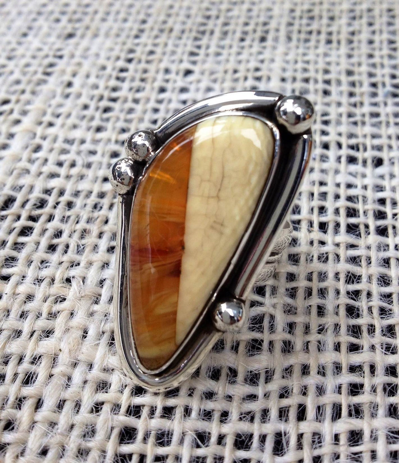 African Amber & Antique Ivory Ring