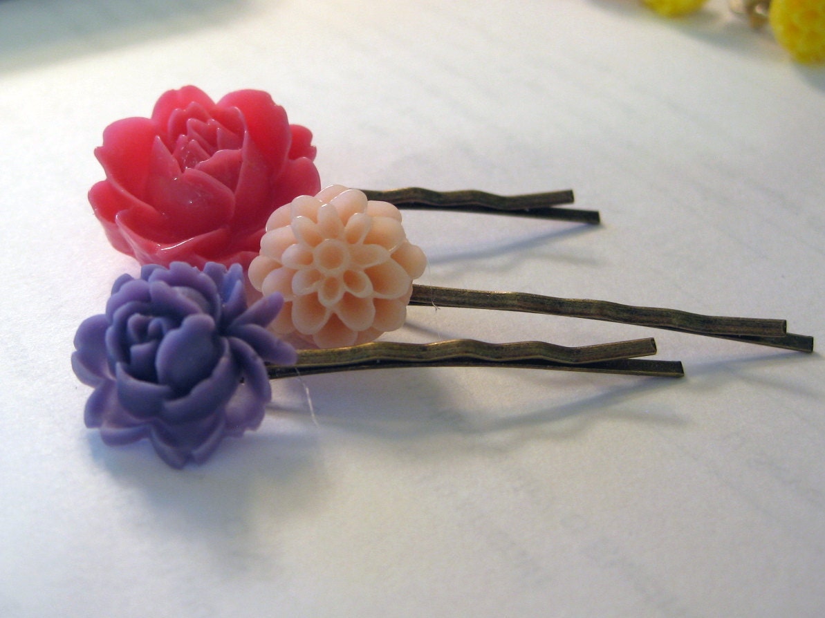 Bobby Hair Pins resin flower dahlia rose peony (set of 3)