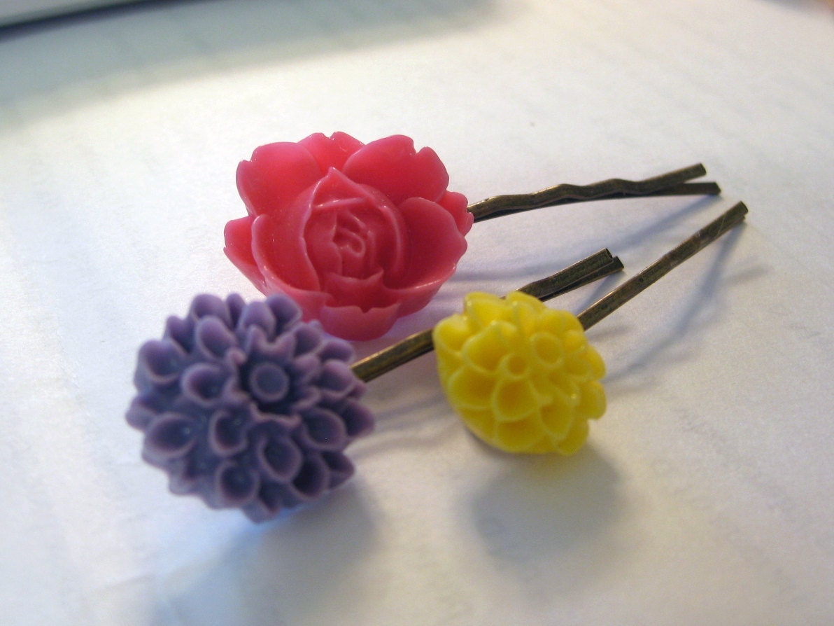 Bobby Hair Pins resin flower dahlia peony (set of 3)