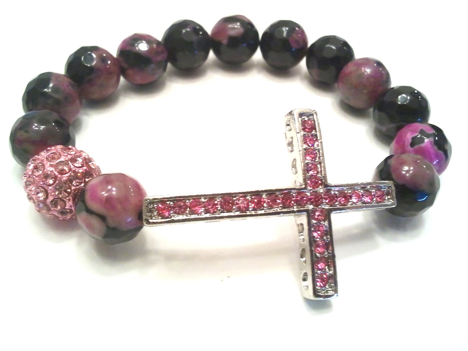 Pink Sideways Cross Beaded Bracelet