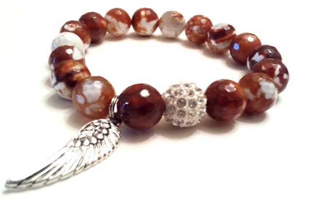 Angel Wing Charm Bracelet, Fire Agate Beaded Bracelet