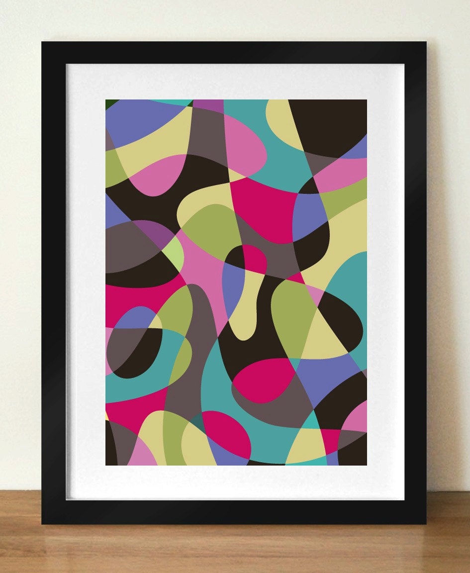 Mid century poster print, SCRIBBLE abstract, A3 artists giclée print, pinks/teal