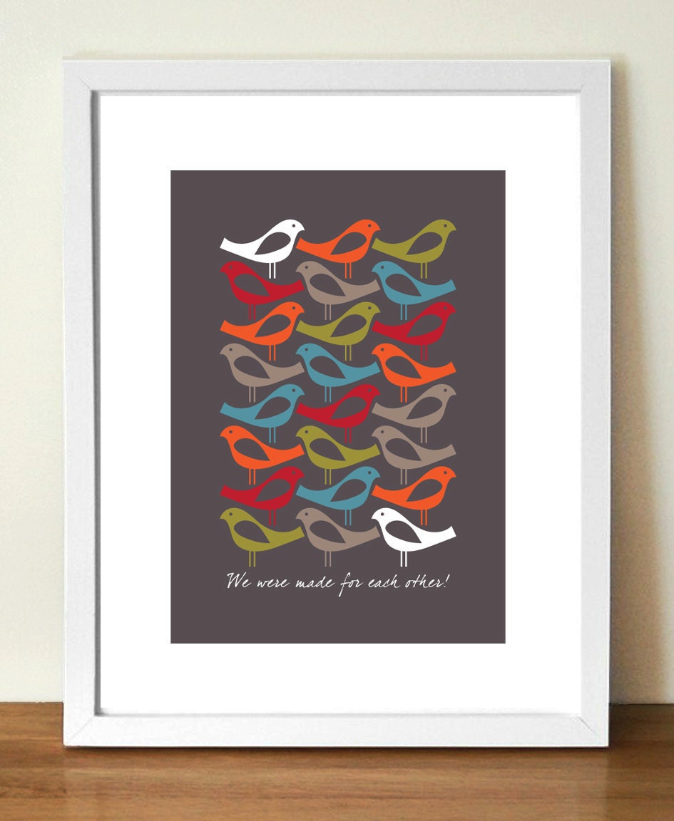 Mid century style poster print, Made For Each Other, birds giclée print, 11 x 17 (A3)