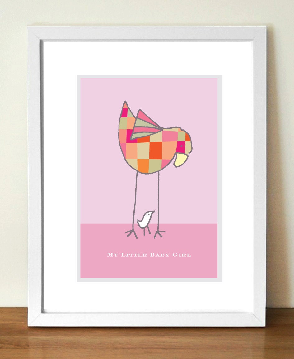 Little Baby Girl, mother and baby bird childs bedroom poster print, 11.7 x 16.5 A3 giclée print