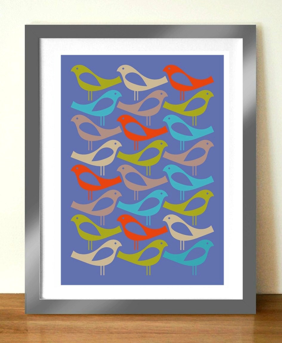 Mid century poster print, 24 FUNKY BIRDS, artists giclée print, A3 (11 x 17 in) scandinavian style