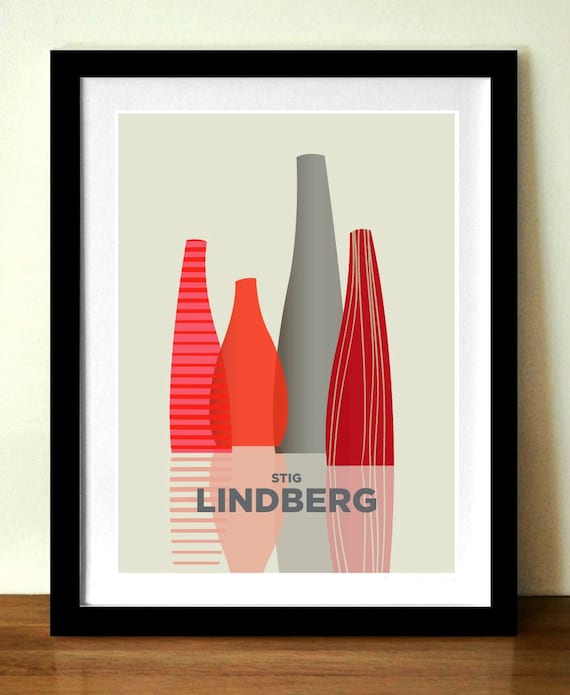 Mid century poster print, STIG LINDBERG vases, A3 artists giclée print