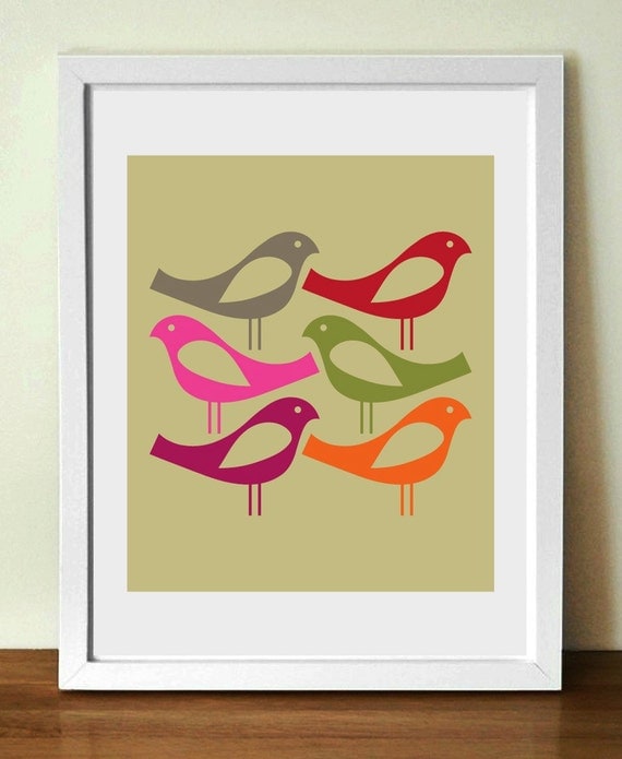 Mid century vintage style, SIX BIRDS, giclée artists print, (A3)