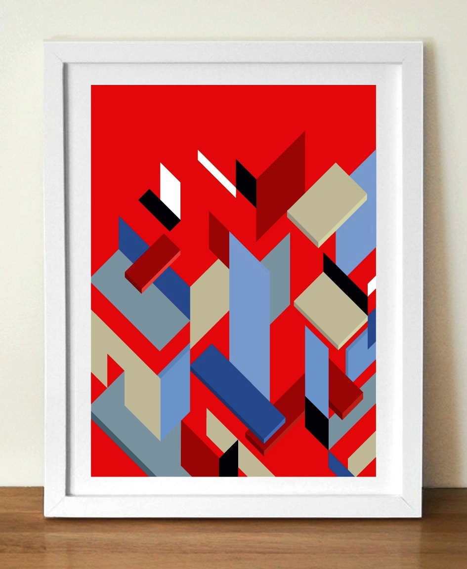 Mid century poster print, MIES'S PIECES Geometric shapes, A3 (11 x 17), artists giclée print, red