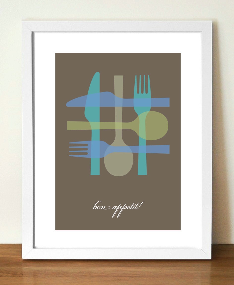 Mid century poster print, Bon Appetit, Knife, Fork and Spoon, 11.7 x 16.5 (A3) artists giclée print
