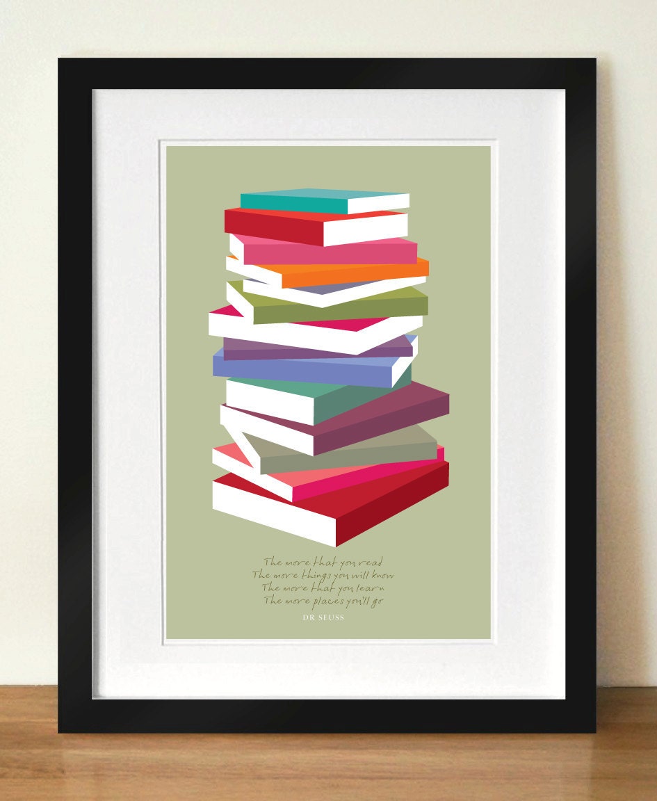 Dr Seuss Poster Print, Colourful books pile, A3 giclée print