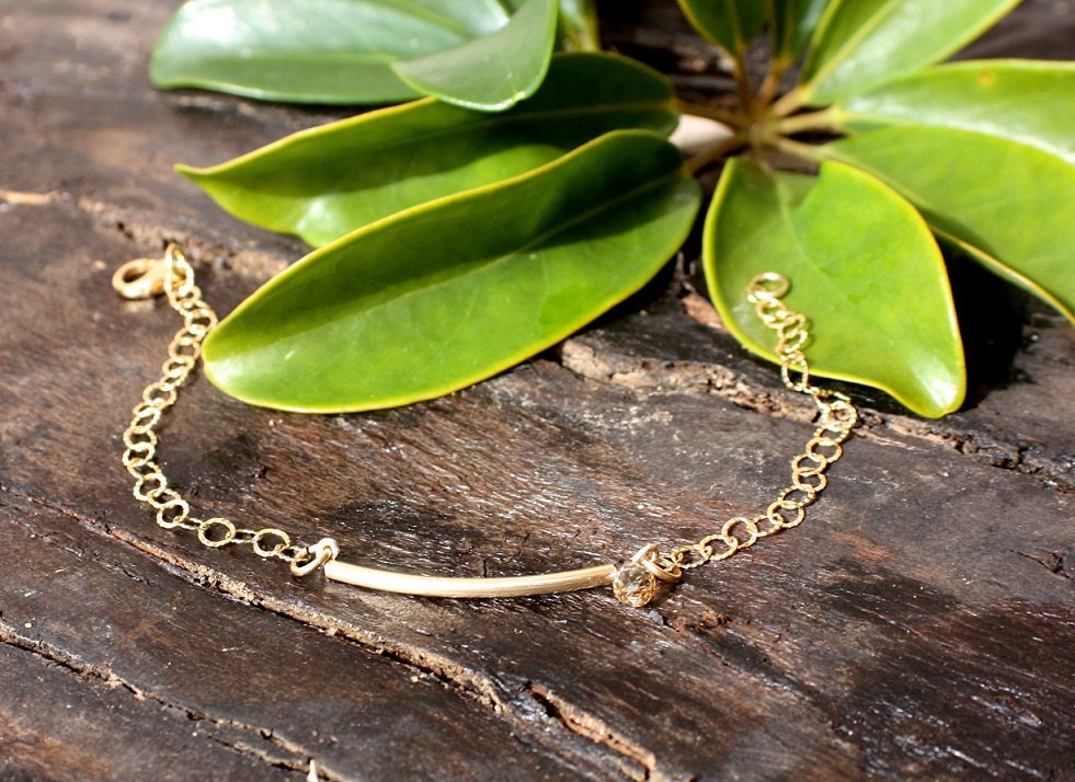 Gold  Bracelet -  Gold curve and swarovski crystal bracelet - 14k gold bar arc tube -  modern minimalist jewelry, bracelet gold