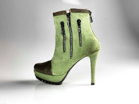 High Heels - Handmade green leather sparkly booties - made to order - 30% OFF